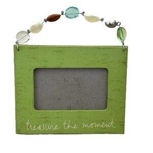 Green Hanging / Tabletop Photo Frame with Glass and Beaded Handle.